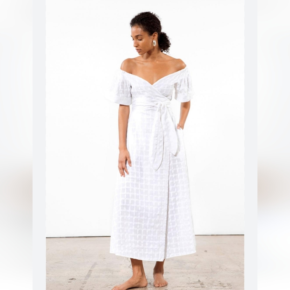 Mara Hoffman Adelina White Checkered Linen Off the Shoulder Wrap Dress XL